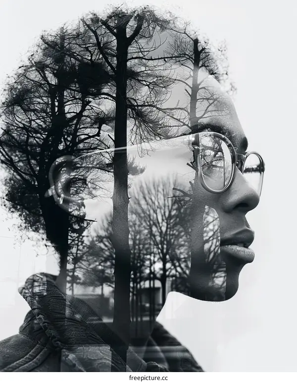 Black and white photo of a person with glasses and a tree growing out of their head