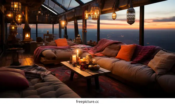 A cozy living room with a fireplace and a view of the city