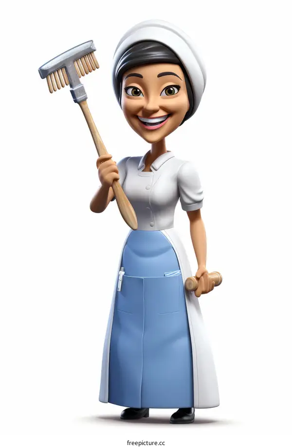 Cartoon of a smiling woman holding a broom