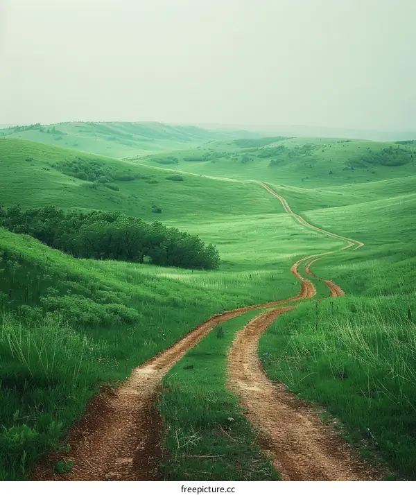 Winding Dirt Road through Lush Green Hills