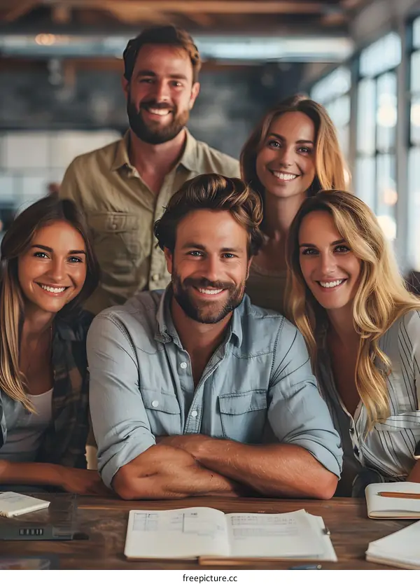 Group of smiling business people sitting around a table