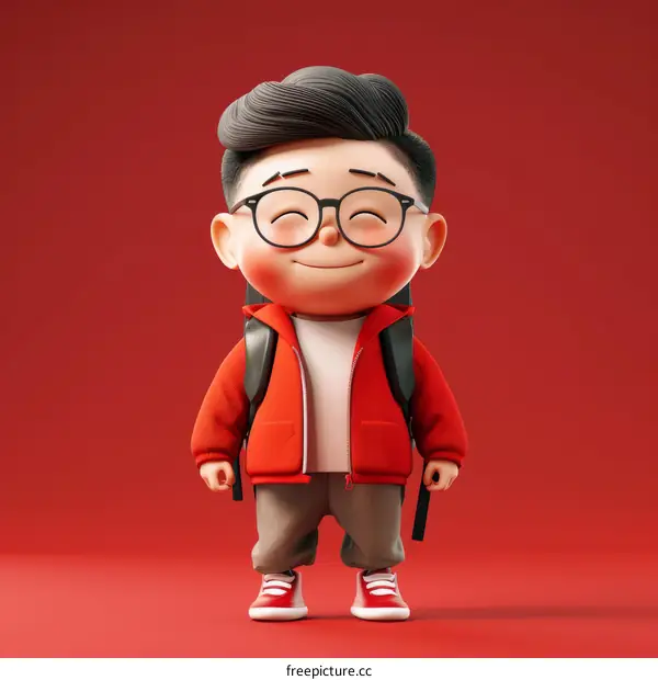 Illustration of a smiling Asian boy wearing glasses and a red jacket
