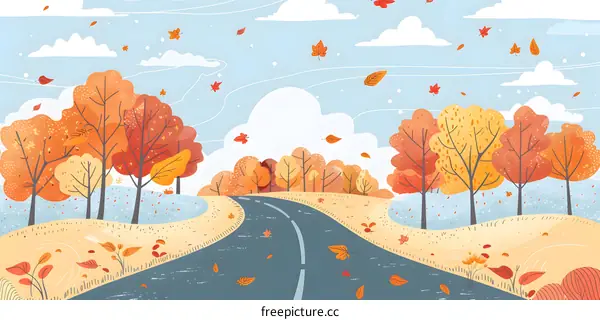 Autumn Road With Falling Leaves Illustration