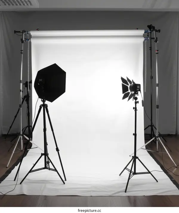 Studio photography equipment with white seamless paper backdrop and lighting