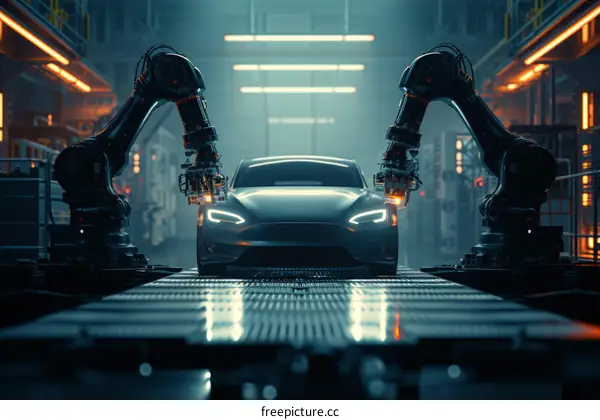 Car manufacturing robots on a production line