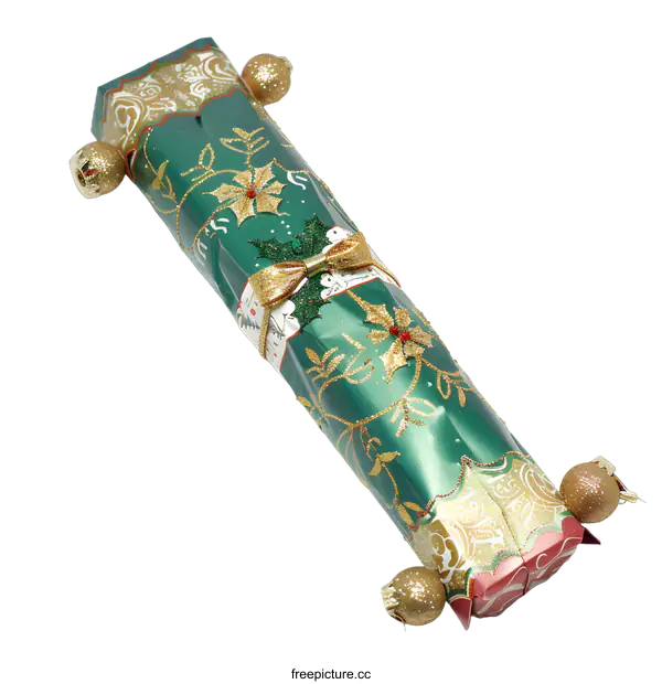 [Transparent Background PNG]Christmas Cracker Wrapped in Green and Gold Paper