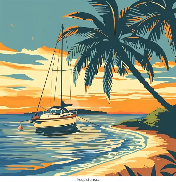 Tropical Sunset with Sailboat and Palm Tree