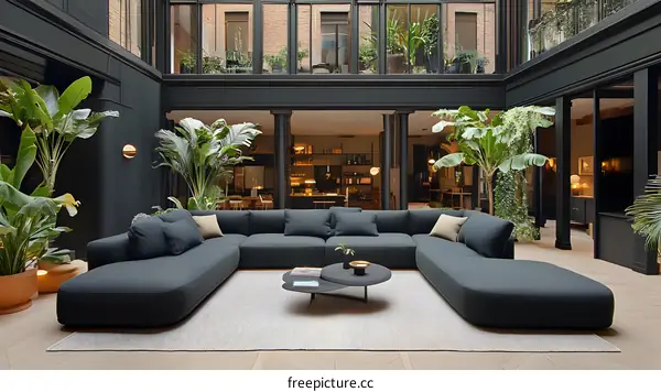 Modern Interior Design with Grey Sofa and Plants