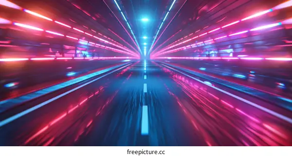 Futuristic glowing tunnel with neon lights and speed motion blur effect