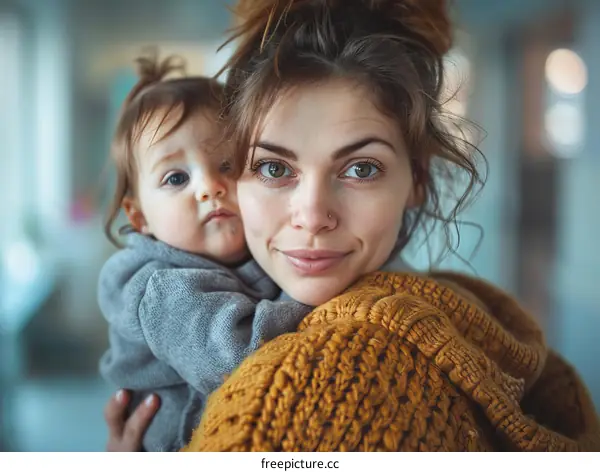 A mother is lovingly embracing her baby in a tender and heartwarming moment.