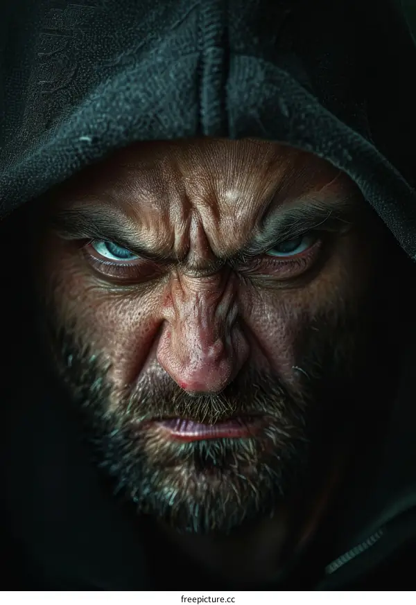 Closeup Angry Man Face with Hoodie