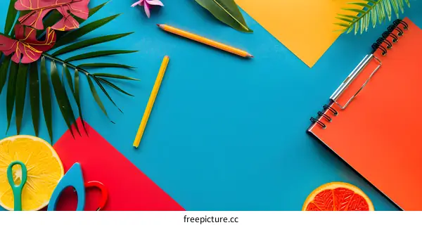 Colorful Background with Tropical Leaves and Office Supplies
