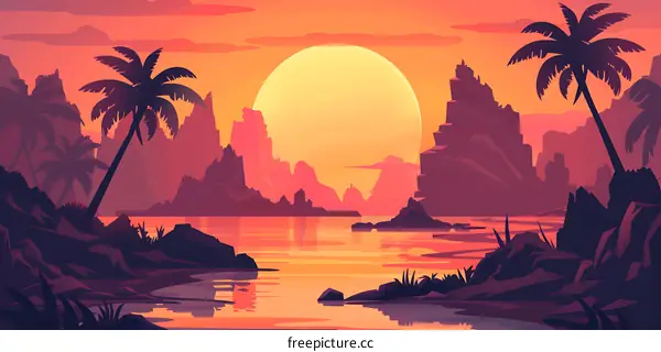 Sunset Landscape With Palm Trees and Mountains