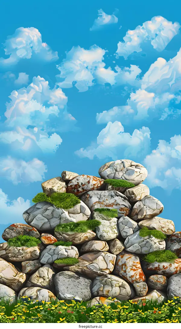 Stone Stack with Grass and Flowers Against Blue Sky with Clouds