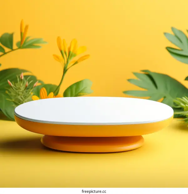 3D rendering of a yellow and white podium with tropical leaves and flowers