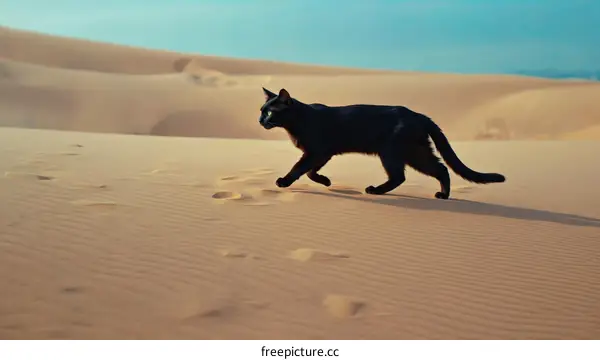 Black Cat Walking on Desert Sand Dunes