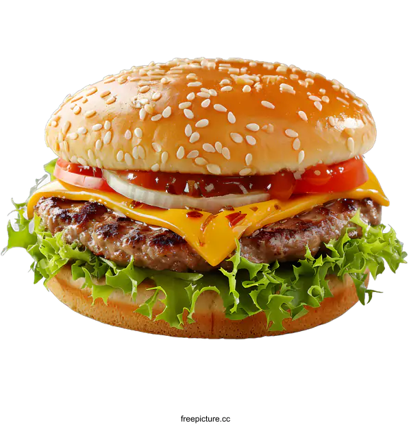 [Transparent Background PNG]cheeseburger with lettuce tomato onion and cheese