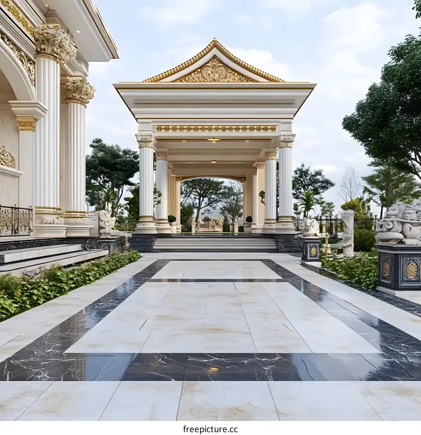 Luxury Villa Entrance with White Columns and Marble Flooring