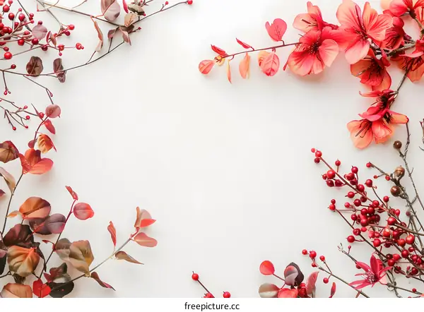 Red Flowers and Berries on White Background