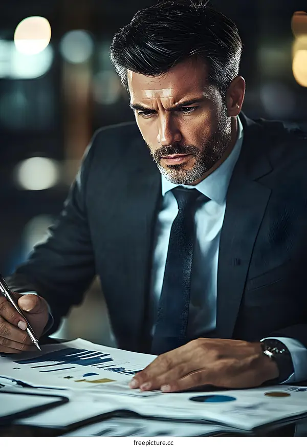 Focused Businessman Analyzing Data Charts At Night
