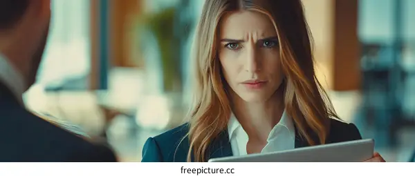 Businesswoman Holding Tablet and Looking at Partner with Serious Face