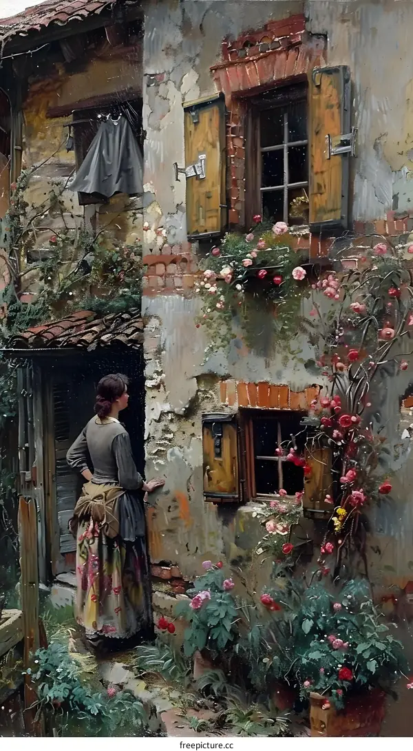 Woman Standing by Old House with Shutters