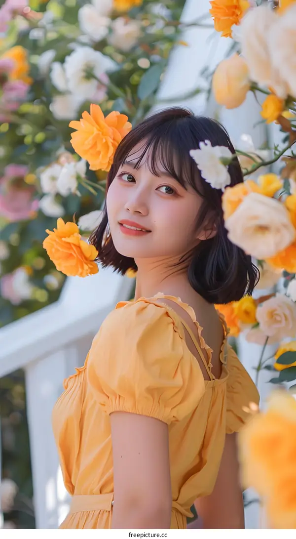 Young Woman in Yellow Dress Posing in a Garden with Flowers