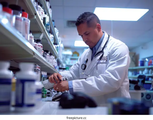 Hispanic male pharmacist wearing a white coat and stethoscope counts pills.
