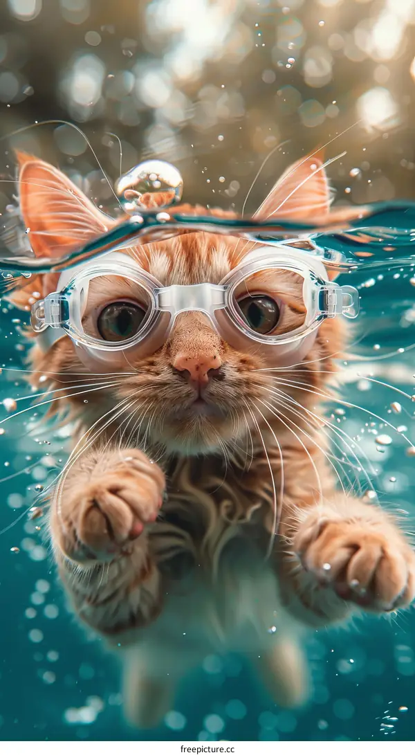 A ginger cat wearing swimming goggles swims underwater