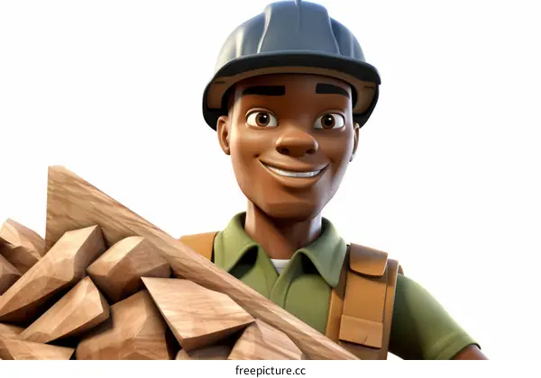 Smiling Black Construction Worker Carrying Wood