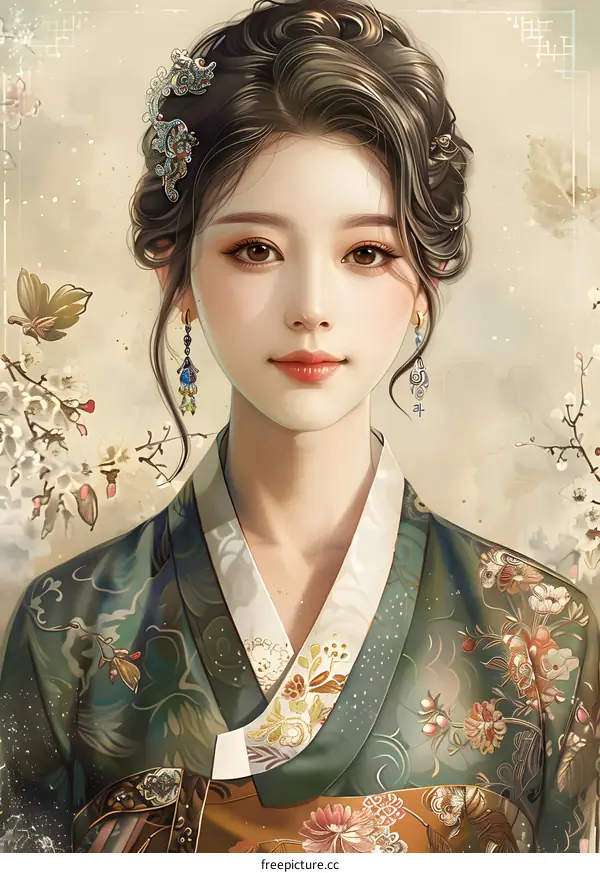 Portrait of a beautiful Asian woman in traditional Korean dress