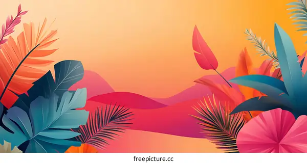Tropical Summer Background With Colorful Palm Leaves
