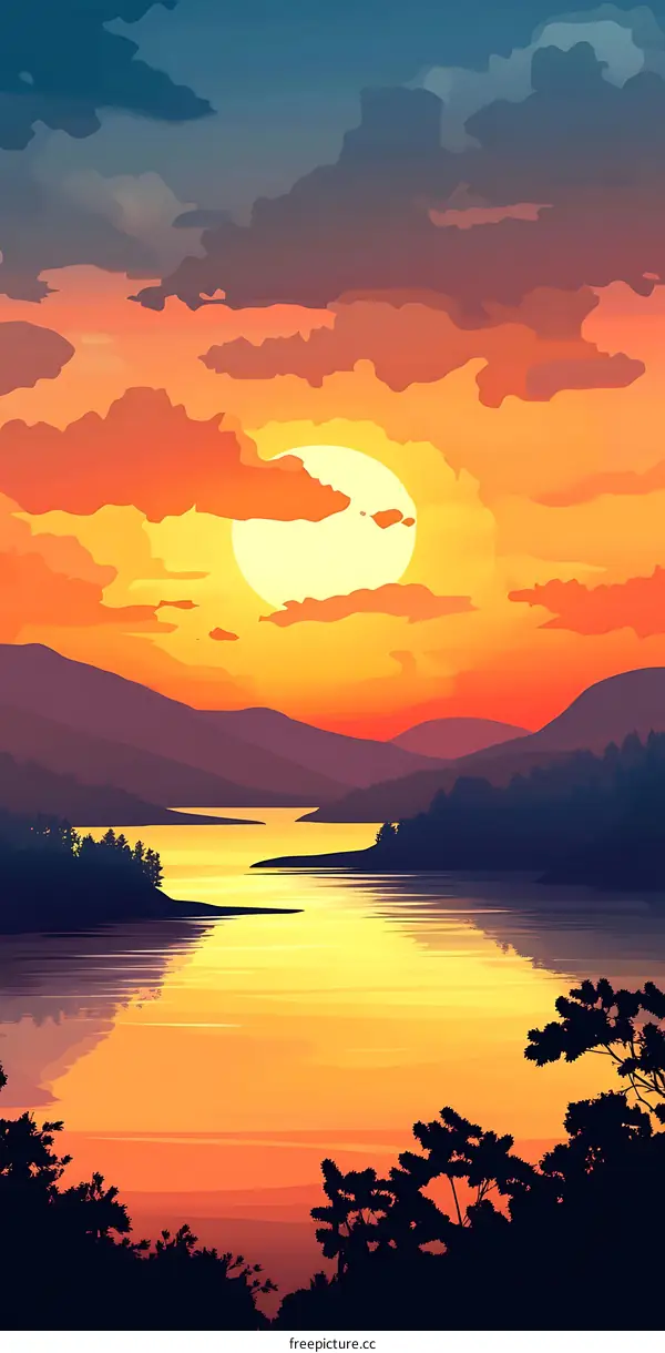 Sunset Over Mountains and Lake with Colorful Sky