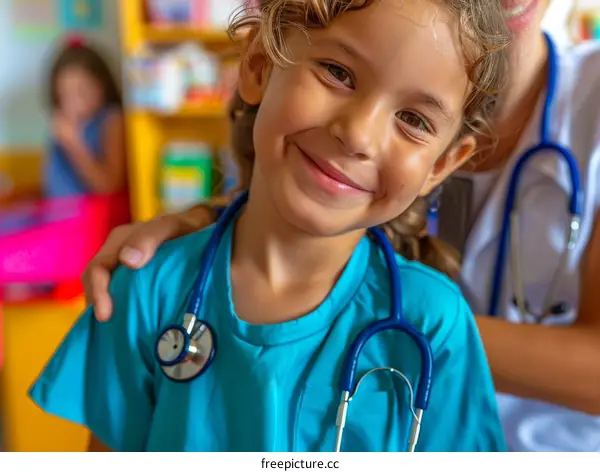 Little girl playing doctor with a stethoscope around her neck and smiling