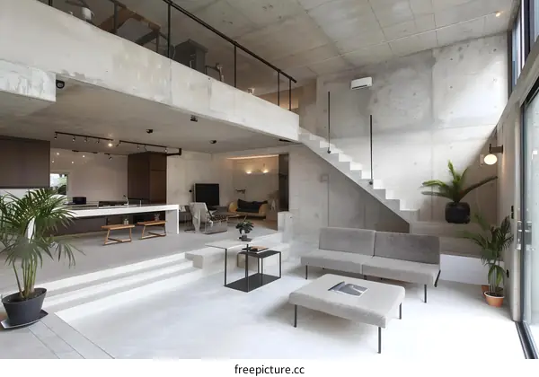 Modern Concrete Home Interior Design With Staircase