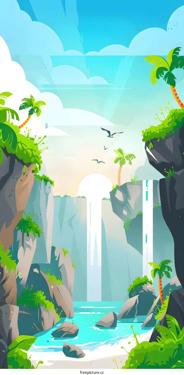 Tropical Waterfall Landscape Illustration