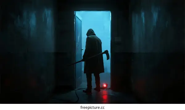 Mysterious Figure Holding Axe Standing In Dark Corridor