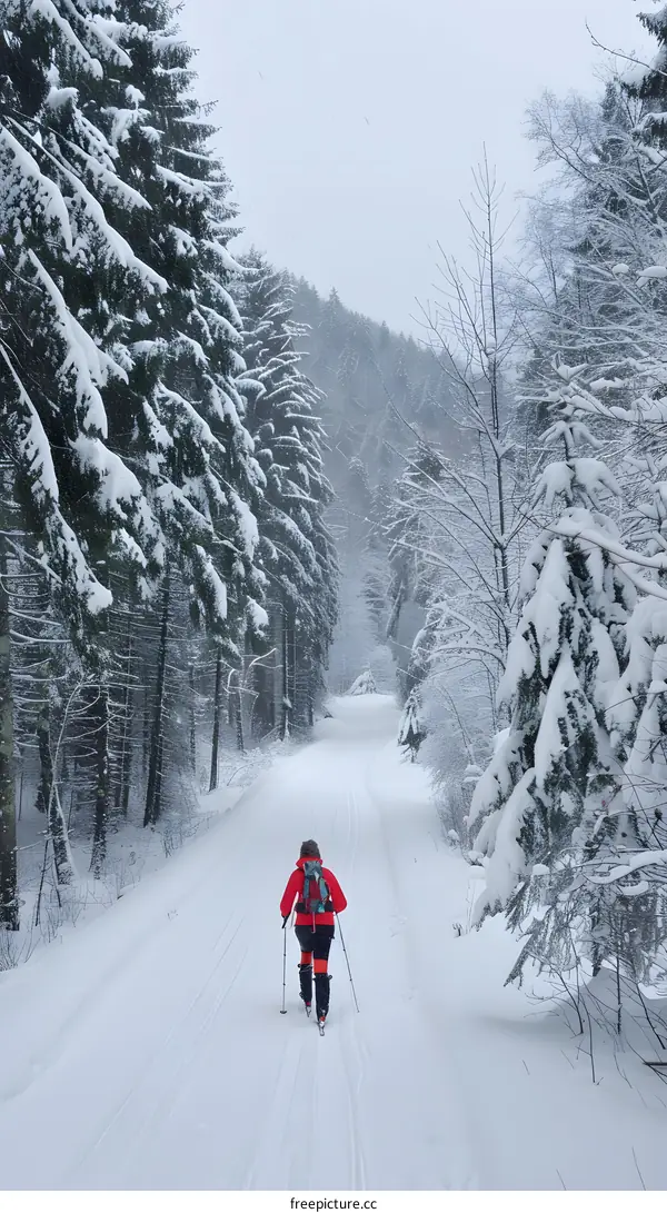 Woman Cross Country Skiing Through Snowy Forest