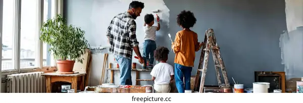 Family Painting The Wall Together