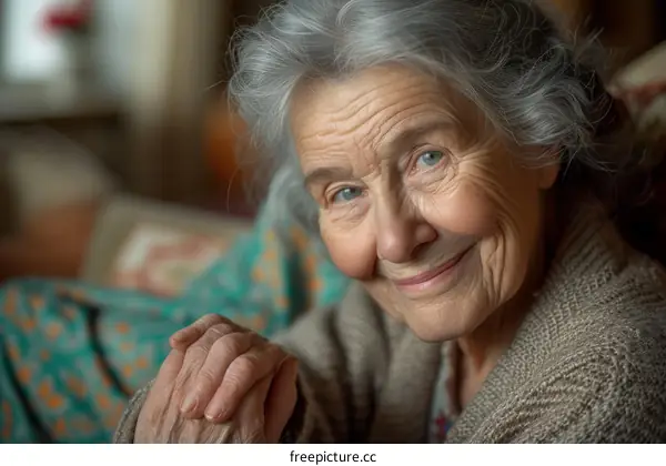Portrait of an elderly woman with white hair and blue eyes