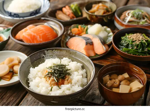 Japanese Food Set on Wooden Table