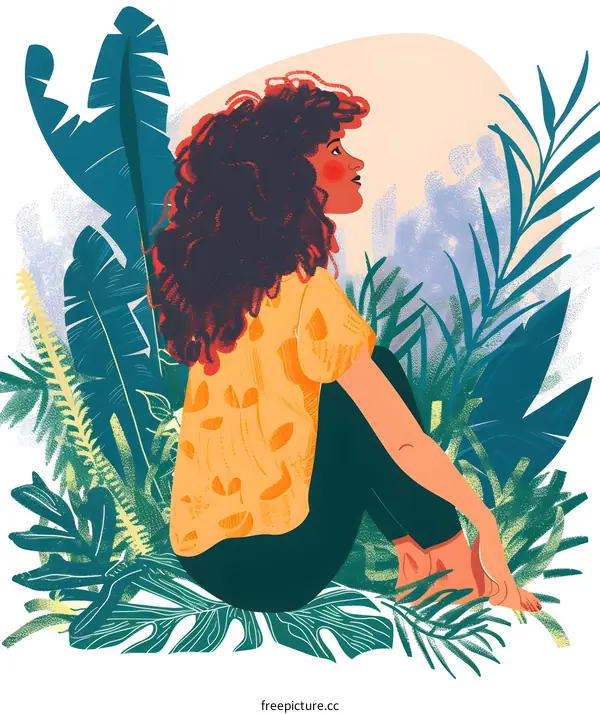 Woman Sitting in Tropical Plants Illustration