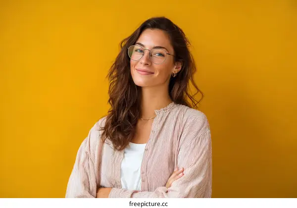 Confident Woman in a Striped Shirt against a Mustard Yellow Background