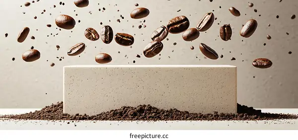 Coffee Beans Falling on a Beige Display