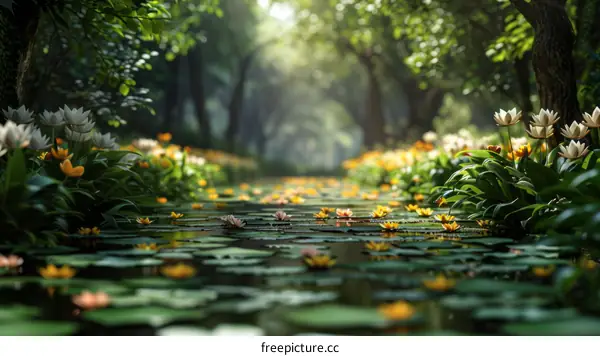 Mystical journey through a lush green forest with a crystal clear river flowing through it