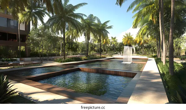 Modern Tropical Courtyard With Fountain And Swimming Pool