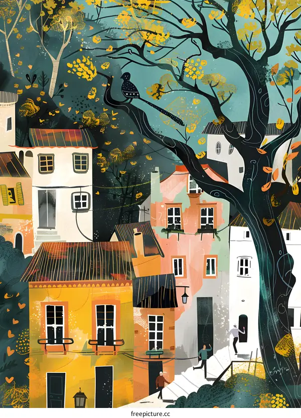 Colorful Illustration of a Town with a Tree and People