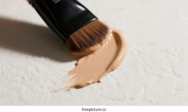 Makeup Brush Applying Beige Foundation on White Surface