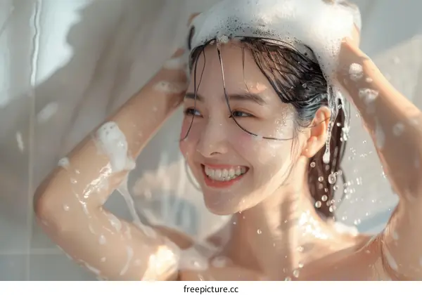 Asian Woman Showering With Shampoo And Water