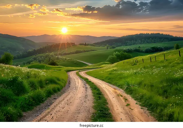 Country road through a green field at sunset